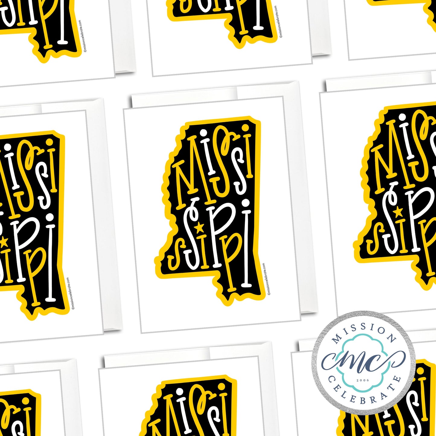 Mississippi Bouncy Letters Handlettered Original Art Greeting Cards (black & gold) (A7 Size 5"x7" folded note note card with envelope)