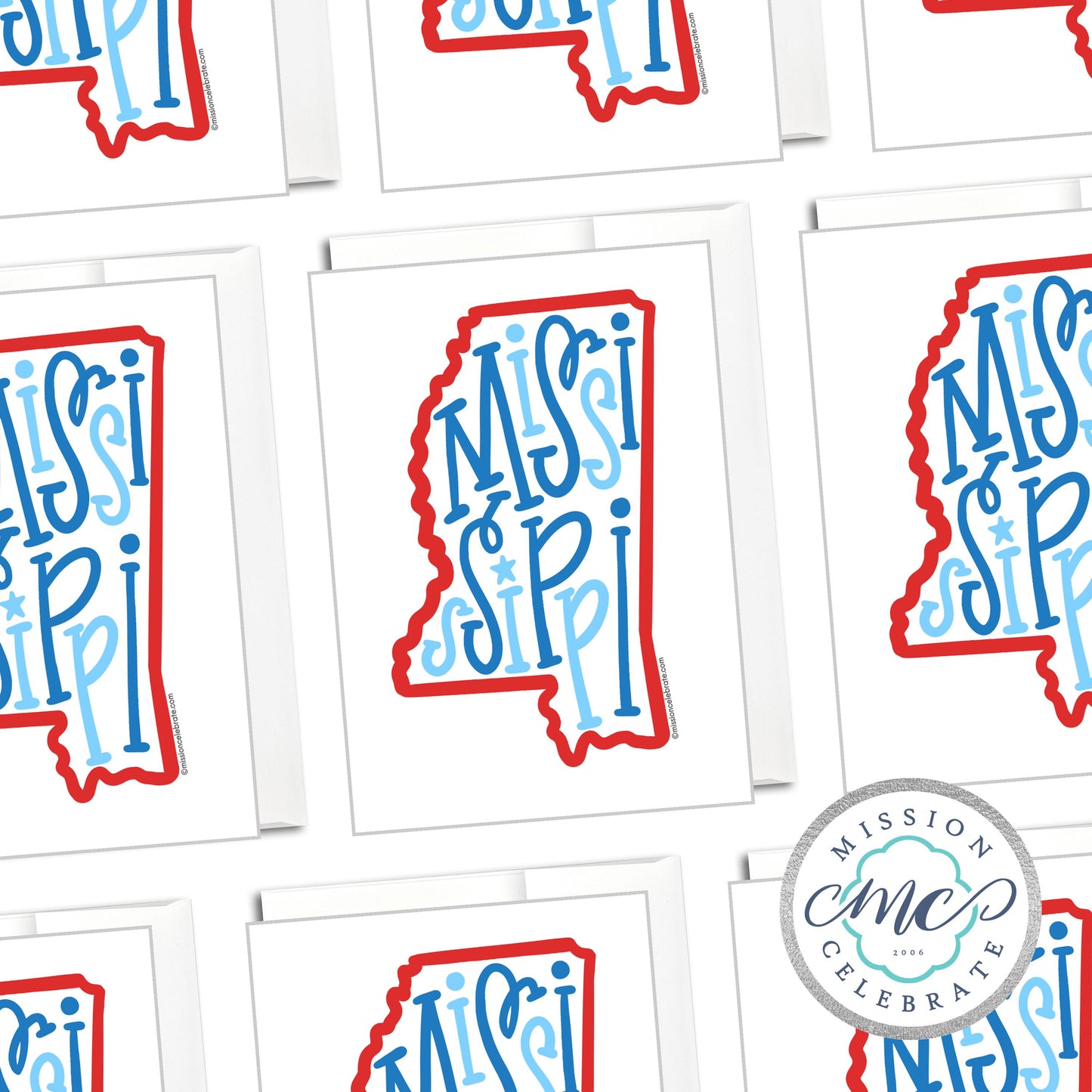 Mississippi Bouncy Letters Handlettered Original Art Greeting Cards (red & blues) (A7 Size 5"x7" folded note note card with envelope)