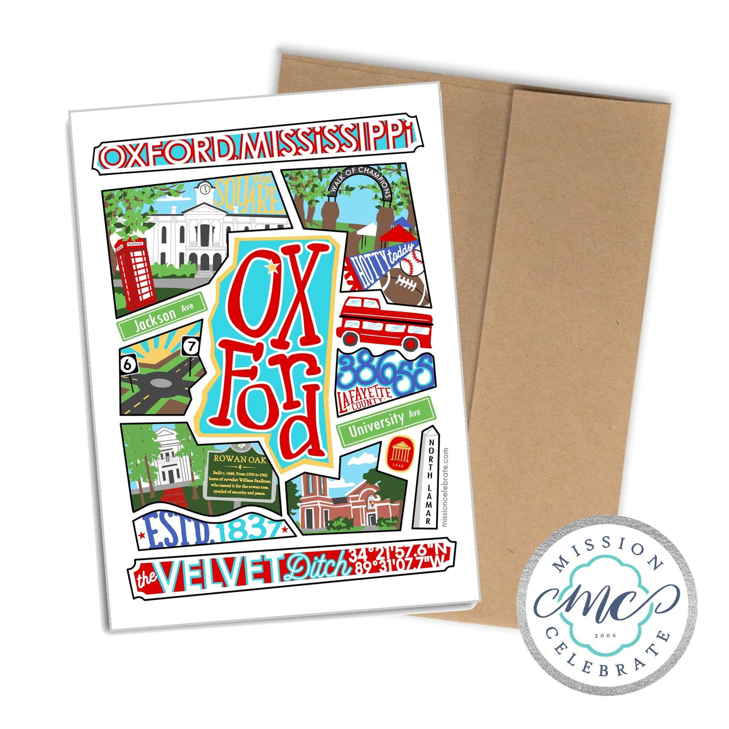Oxford The Velvet Ditch Collage Art by Mississippi Artist ©LeslieGonce Greeting Cards (A7 Size 5"x7" folded note note card with envelope)