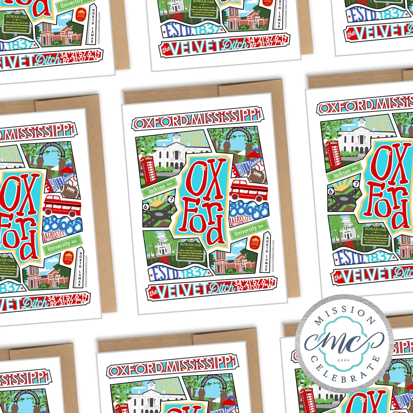 Oxford The Velvet Ditch Collage Art by Mississippi Artist ©LeslieGonce Greeting Cards (A7 Size 5"x7" folded note note card with envelope)