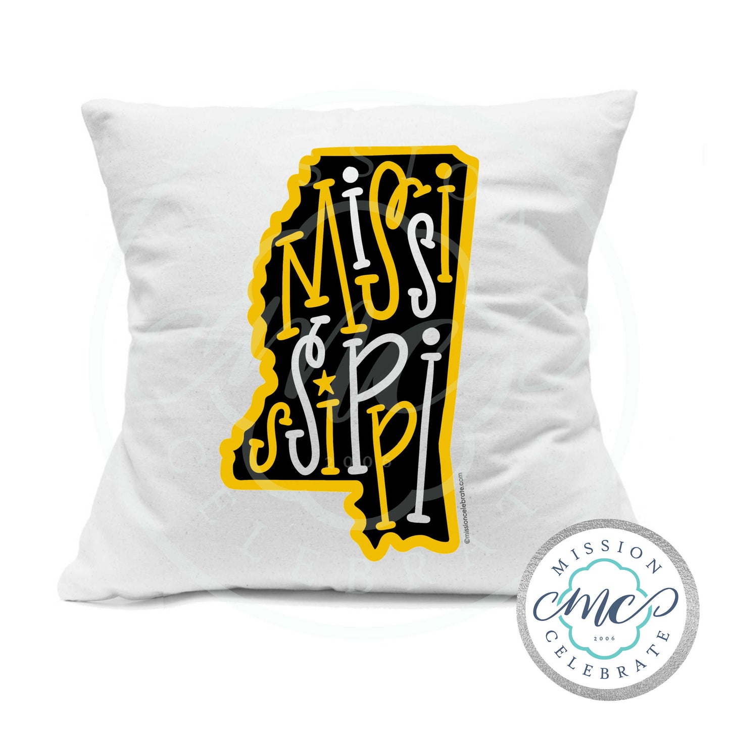 Mississippi Bouncy Letters Handlettered Art (black & gold) Pillow Cover (with Pillow Insert) White 18"x18"