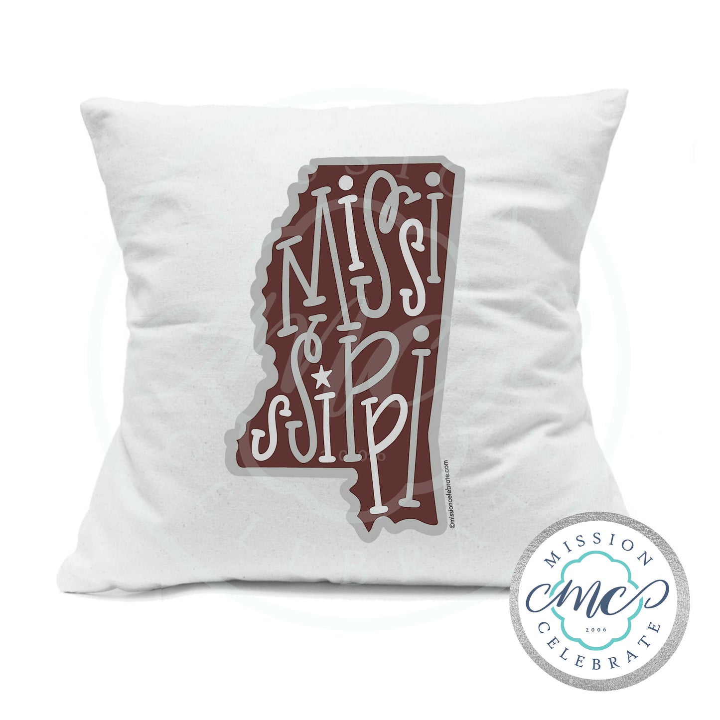 Mississippi Bouncy Letters Handlettered Art (maroon & gray NEW) Pillow Cover (with Pillow Insert) White 18"x18"