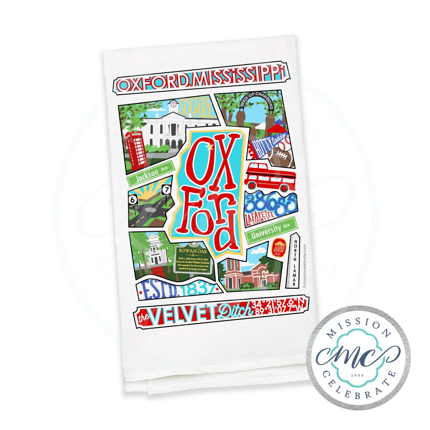 Oxford The Velvet Ditch Collage Art Tea Towel Kitchen Towel Flour Sack Towel 27"x27" by Mississippi Artist ©LeslieGonce