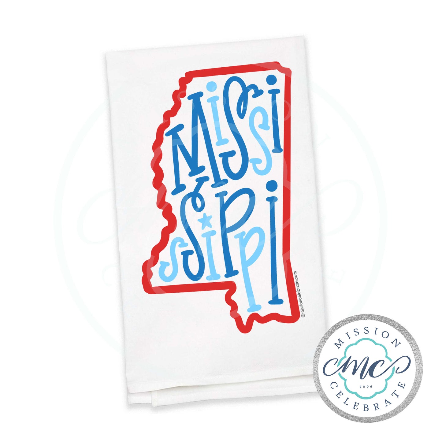 Mississippi Bouncy Letters Handlettered Art Tea Towel Kitchen Towel Flour Sack Towel 27"x27" (red and blues)