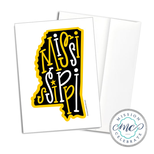 Mississippi Bouncy Letters Handlettered Original Art Greeting Cards (black & gold) (A7 Size 5"x7" folded note note card with envelope)