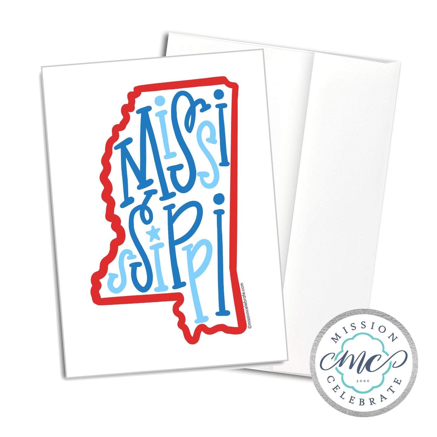 Mississippi Bouncy Letters Handlettered Original Art Greeting Cards (red & blues) (A7 Size 5"x7" folded note note card with envelope)