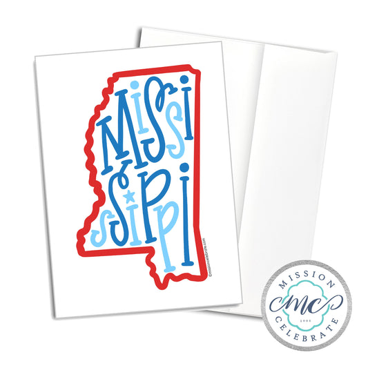 Mississippi Bouncy Letters Handlettered Original Art Greeting Cards (red & blues) (A7 Size 5"x7" folded note note card with envelope)