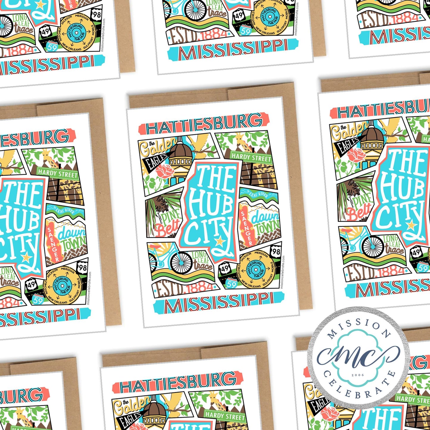 Hattiesburg The Hub City Collage Art by Mississippi Artist ©LeslieGonce Greeting Cards (A7 Size 5"x7" folded note note card with envelope)