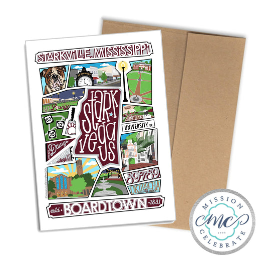 Starkville Starkvegas Collage Art by Mississippi Artist ©LeslieGonce Greeting Cards (A7 Size 5"x7" folded note note card with envelope)