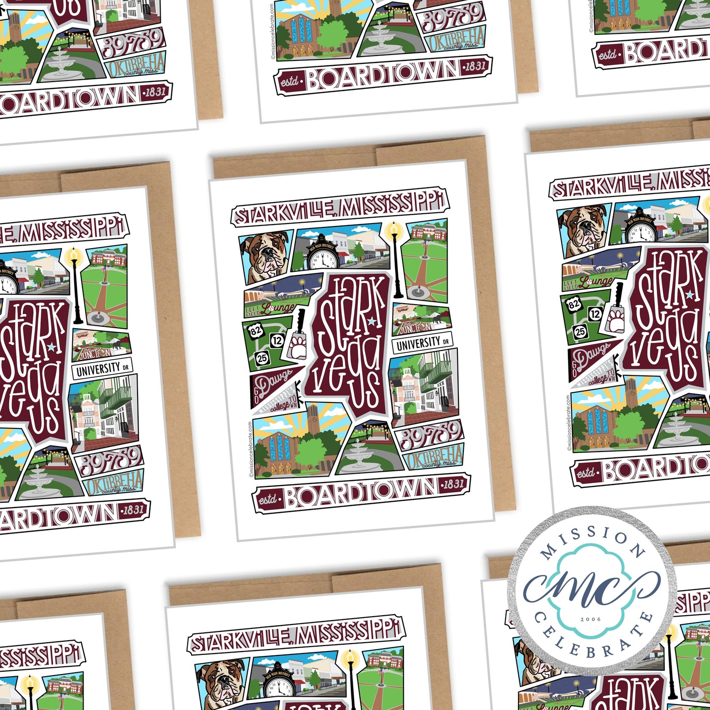 Starkville Starkvegas Collage Art by Mississippi Artist ©LeslieGonce Greeting Cards (A7 Size 5"x7" folded note note card with envelope)