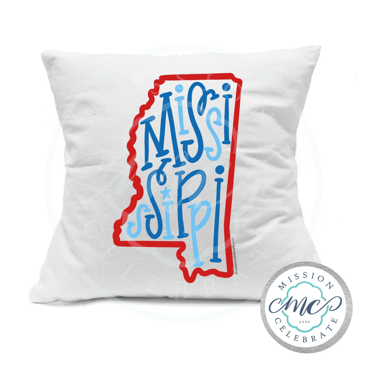 Mississippi Bouncy Letters Handlettered Art (red & blues) Pillow Cover (with Pillow Insert) White 18"x18"
