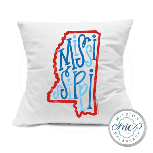 Mississippi Bouncy Letters Handlettered Art (red & blues) Pillow Cover (with Pillow Insert) White 18"x18"