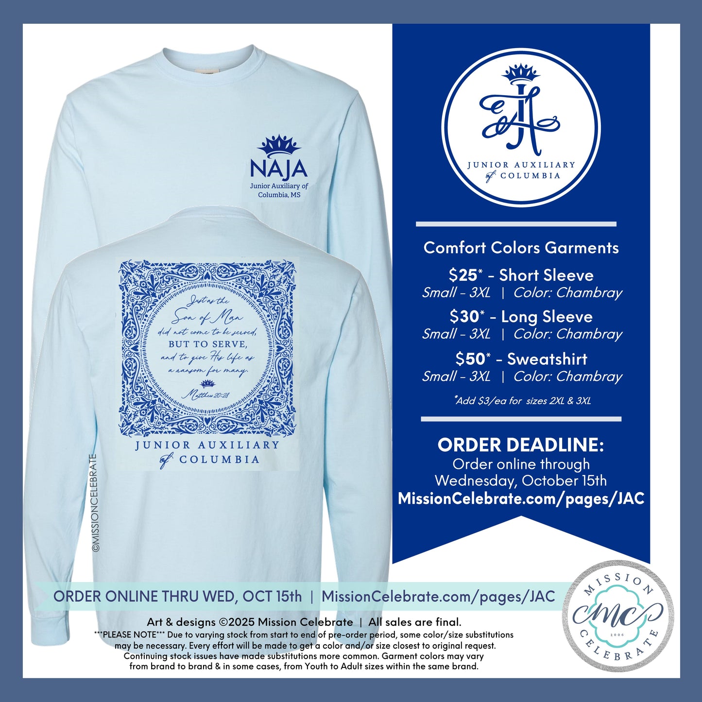 Comfort Colors Long Sleeve Tee for Junior Auxiliary of Columbia (JAC) - CAME TO SERVE SCRIPTURE ART