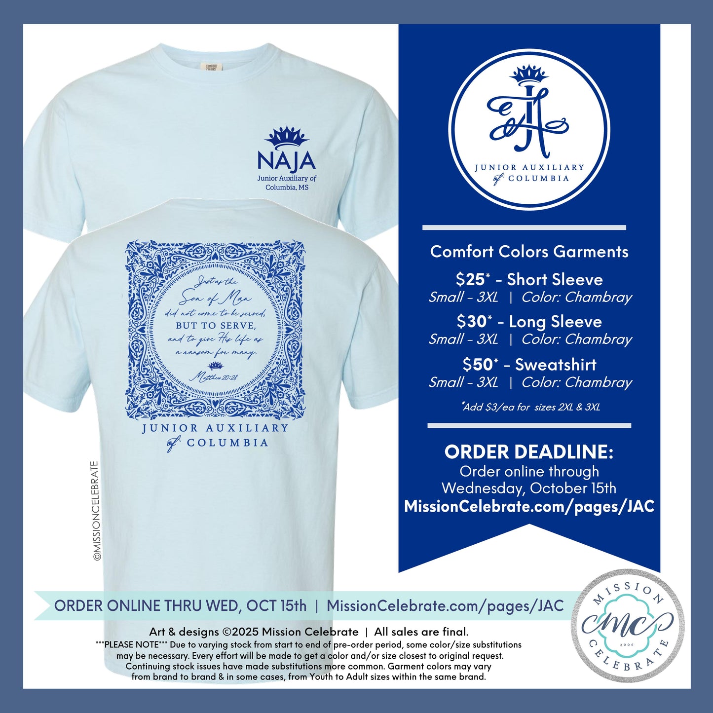 Comfort Colors Short Sleeve Tee for Junior Auxiliary of Columbia (JAC) - CAME TO SERVE SCRIPTURE ART