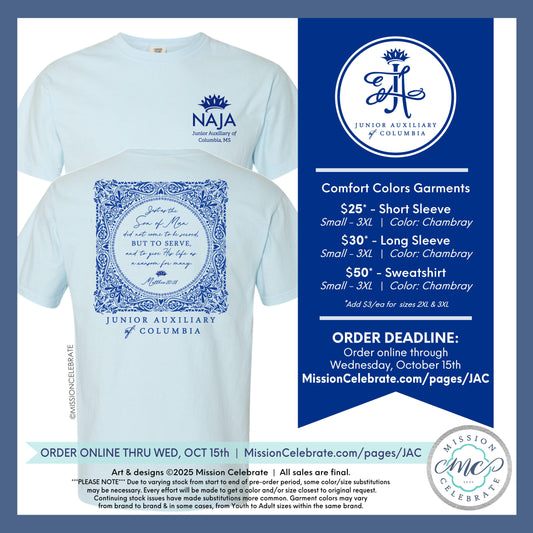 Comfort Colors Short Sleeve Tee for Junior Auxiliary of Columbia (JAC) - CAME TO SERVE SCRIPTURE ART