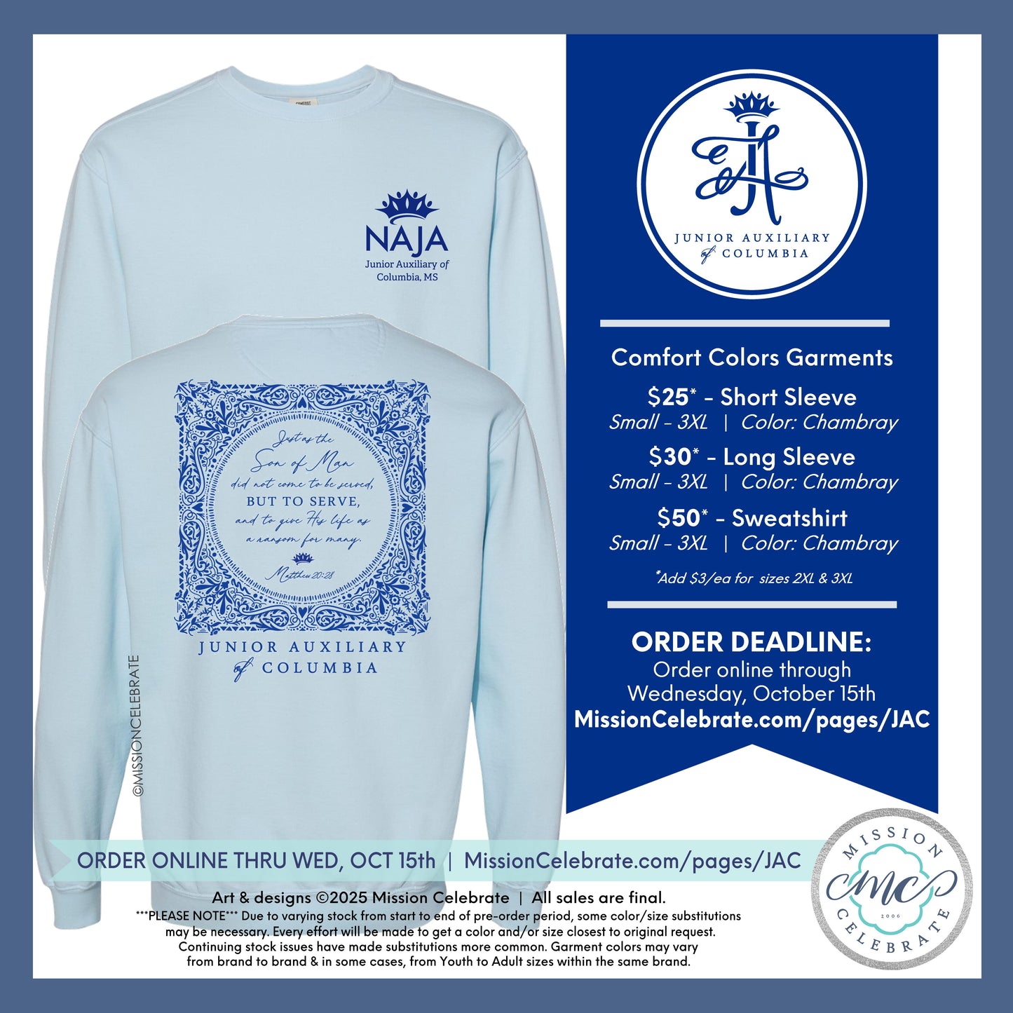 Comfort Colors Crewneck Sweatshirt for Junior Auxiliary of Columbia (JAC) - CAME TO SERVE SCRIPTURE ART