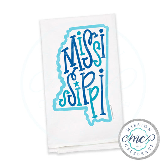 Mississippi Bouncy Letters Handlettered Art Tea Towel Kitchen Towel Flour Sack Towel 27"x27" (blues)