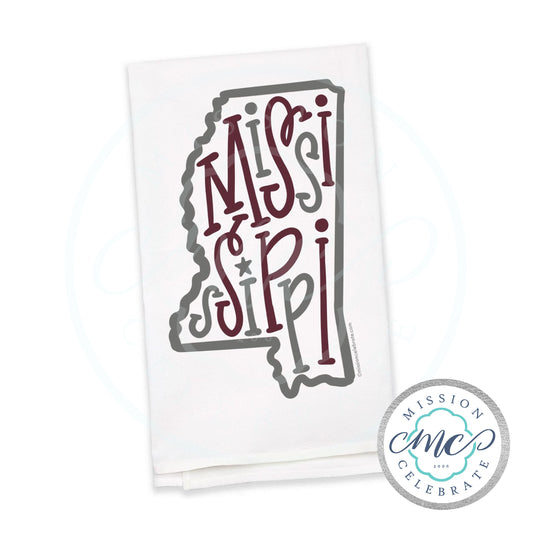 Mississippi Bouncy Letters Handlettered Art Tea Towel Kitchen Towel Flour Sack Towel 27"x27" (maroon and gray)
