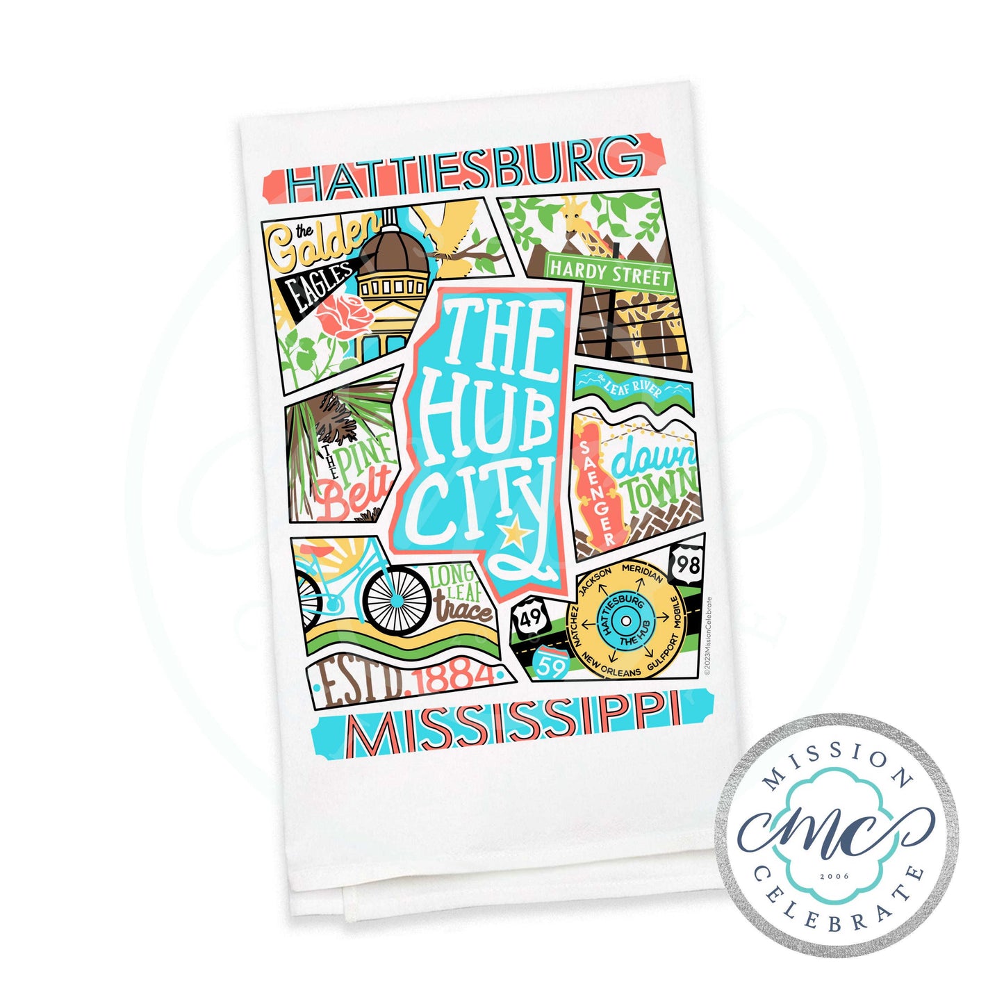 Hattiesburg The Hub City The Burg Collage Art Tea Towel Kitchen Towel Flour Sack Towel 27"x27" by Mississippi Artist ©LeslieGonce