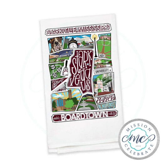 Starkville Starkvegas Collage Art Tea Towel Kitchen Towel Flour Sack Towel 27"x27" by Mississippi Artist ©LeslieGonce