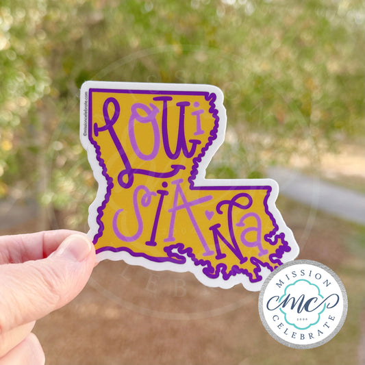 Louisiana Bouncy Letters Handlettered Art Purple & Gold Decal (Interior / Exterior Use)