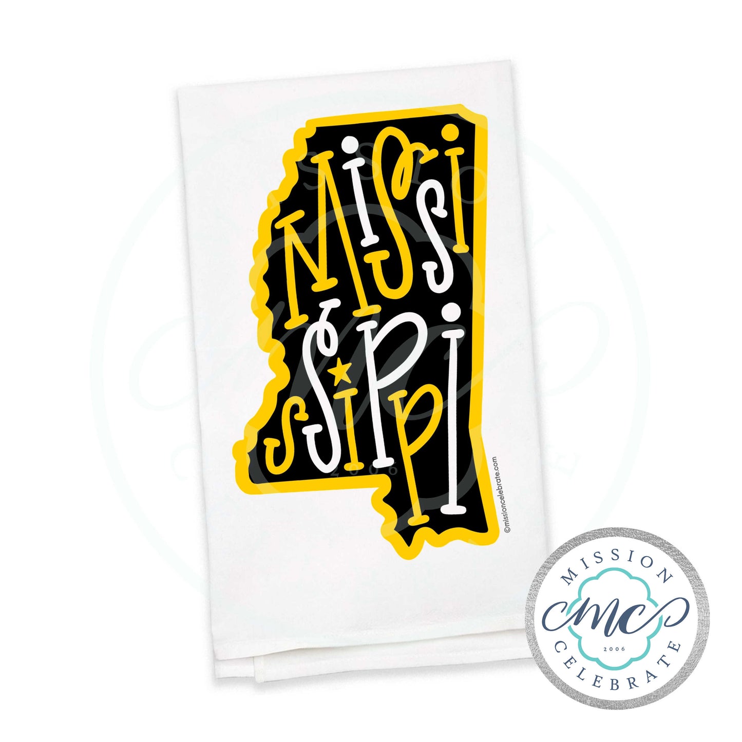 Mississippi Bouncy Letters Handlettered Art Tea Towel Kitchen Towel Flour Sack Towel 27"x27" (black and gold)
