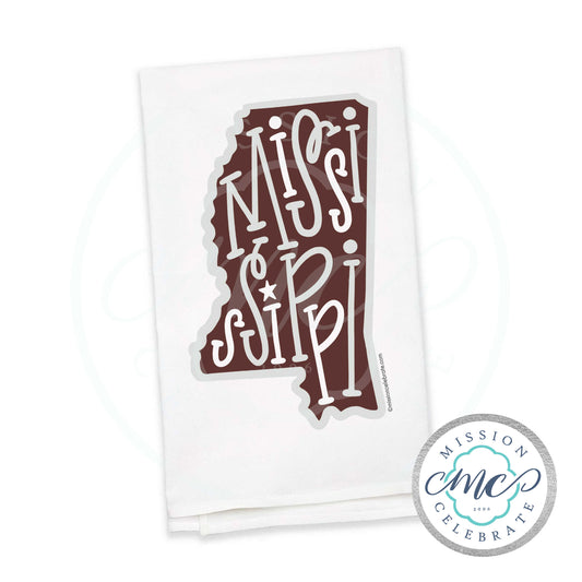 Mississippi Bouncy Letters Handlettered Art Tea Towel Kitchen Towel Flour Sack Towel 27"x27" (maroon and gray NEW)